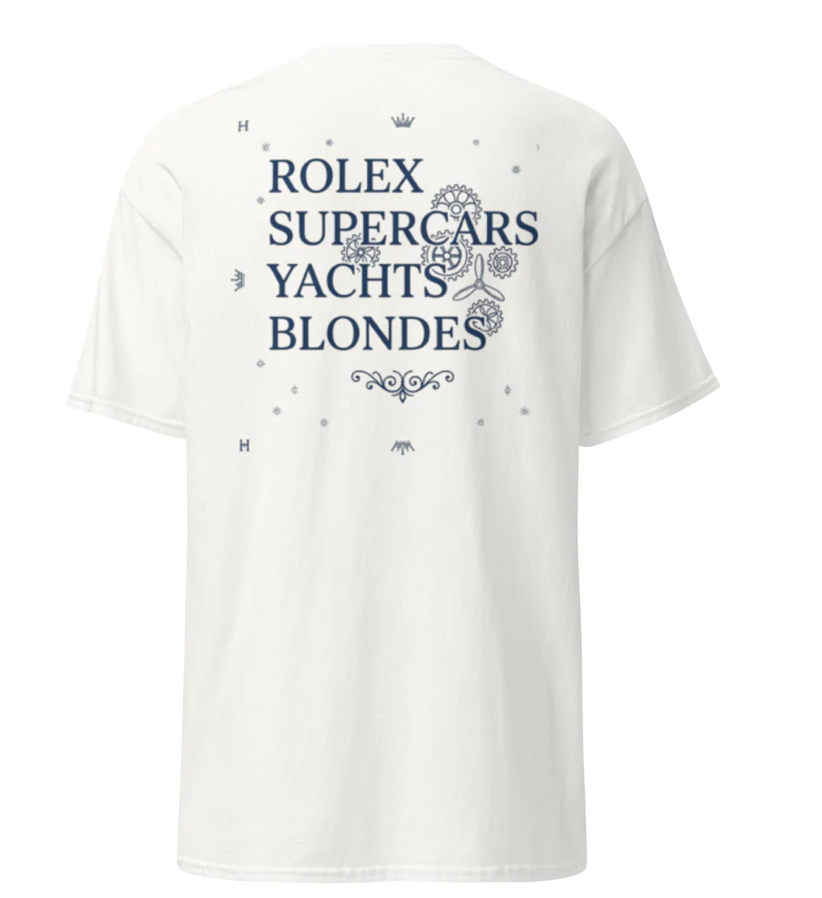 T-shirt Blanc “Rolex Supercars Yachts Blondes”